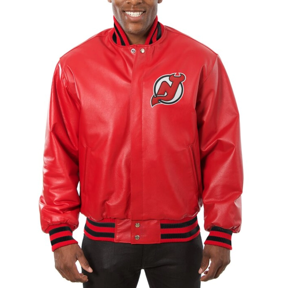 New jersey devils full real leather varsity jacket red 2