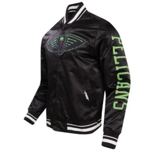 New orleans pelicans pro standard 2023 24 city edition black satin varsity jacket 1