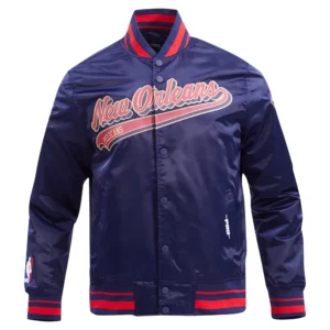 New orleans pelicans pro standard script tail navy satin varsity jacket 2