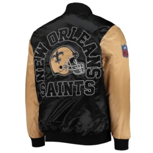 New orleans saints locker room throwback satin varsity jacket black gold 1