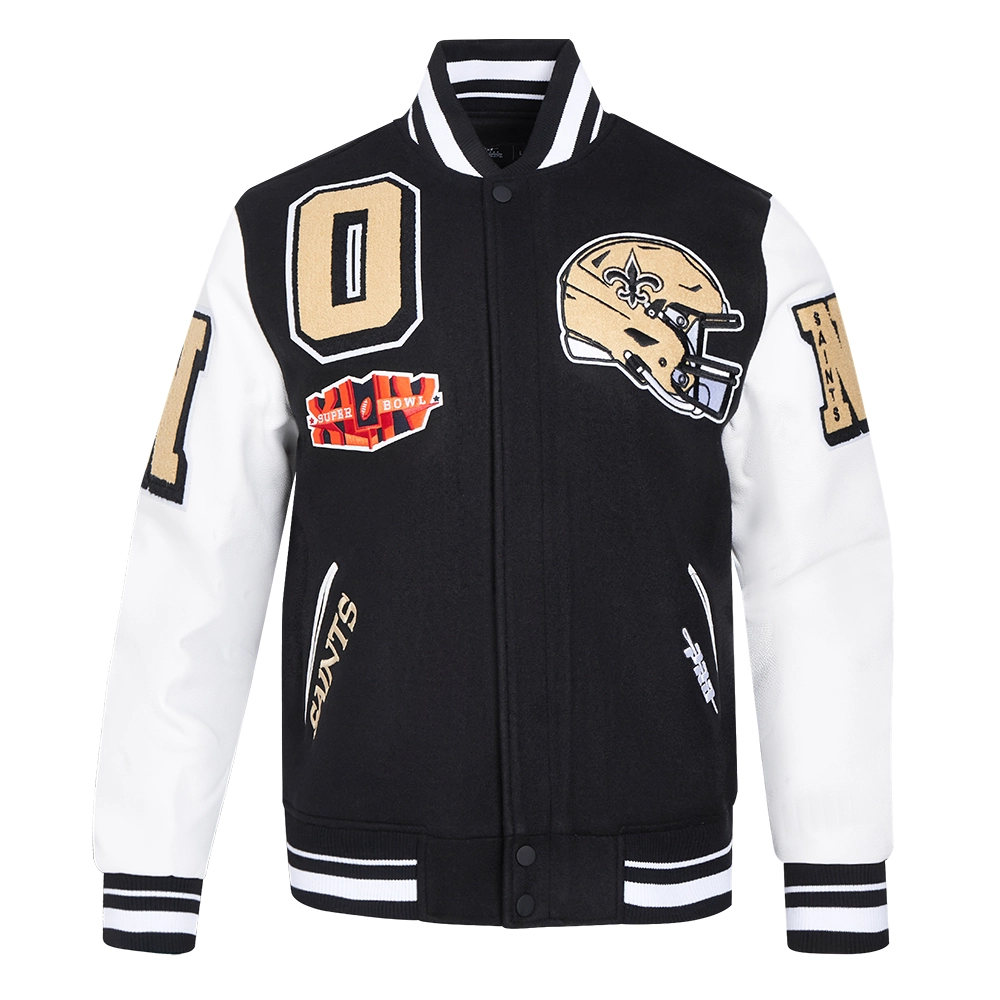 New orleans saints mashup wool leather varsity jacket blackwhite 1 1