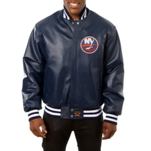 New york islanders genuine leather varsity jacket navy 2 1