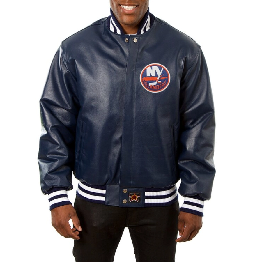 New york islanders genuine leather varsity jacket navy 2 1