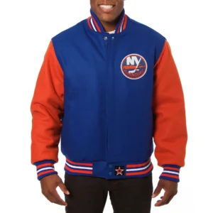 New york islanders handmade two tone wool varsity jacket blue orange 1
