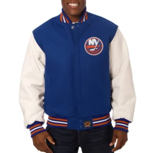 New york islanders two tone wool leather varsity jacket blue white 1
