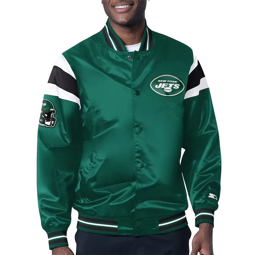 New york jets full snap satin varsity green jacket 001 1