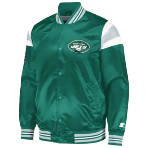 New york jets full snap satin varsity jacket green 1