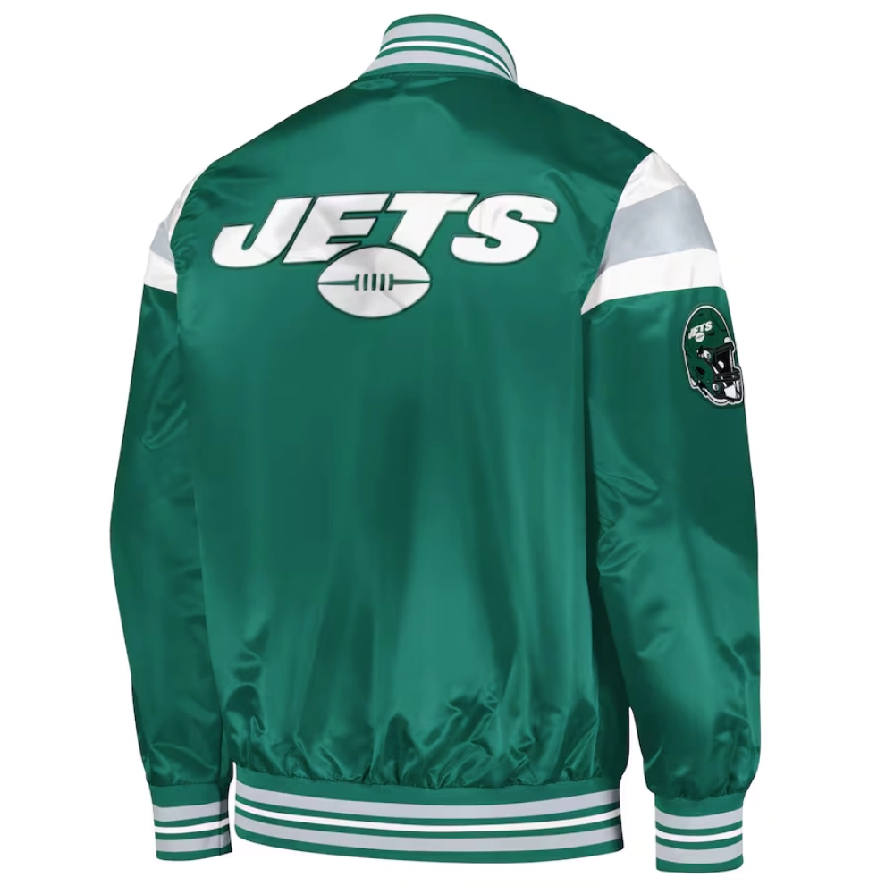 New york jets full snap satin varsity jacket green