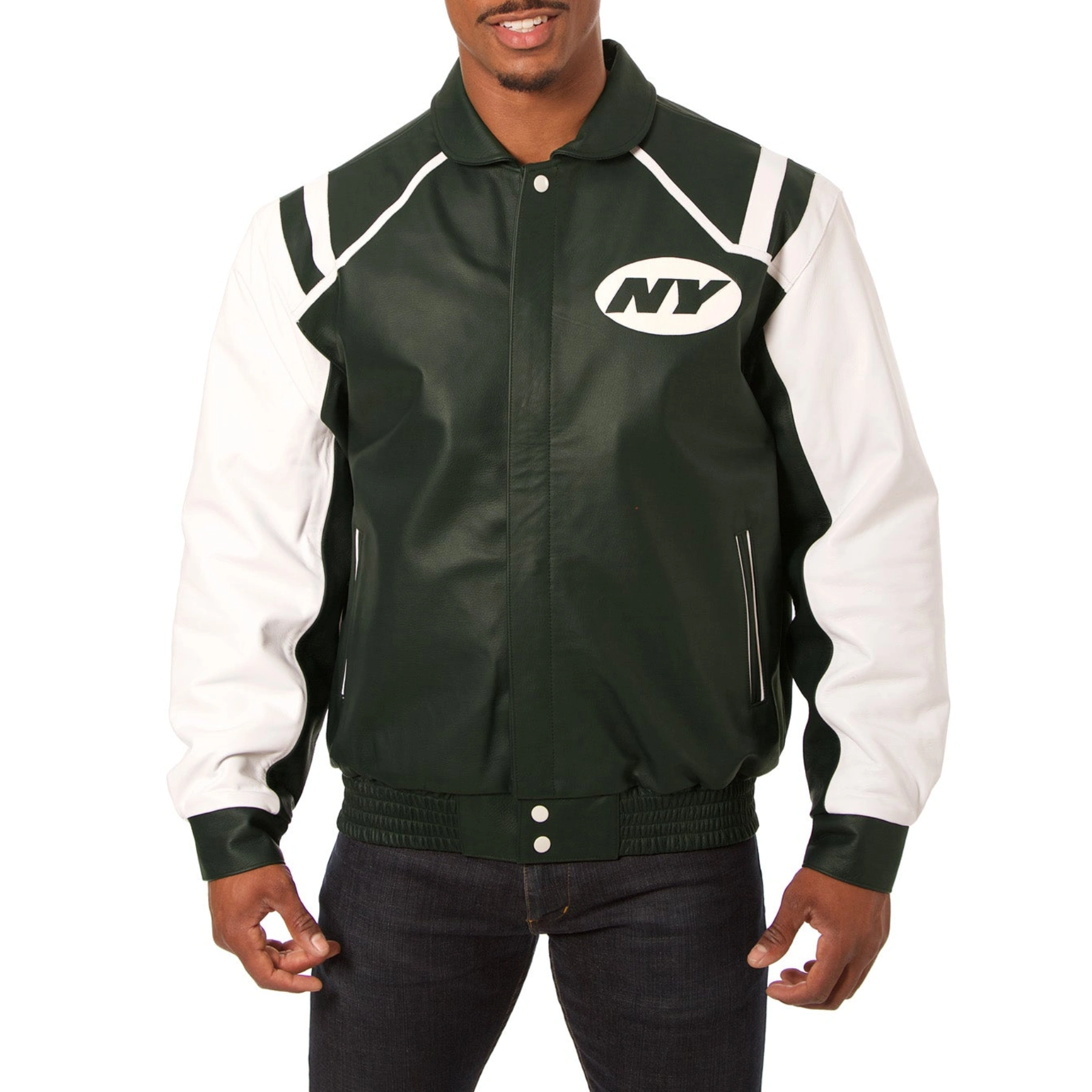 New york jets genuine leather varsity jacket greenwhite 1