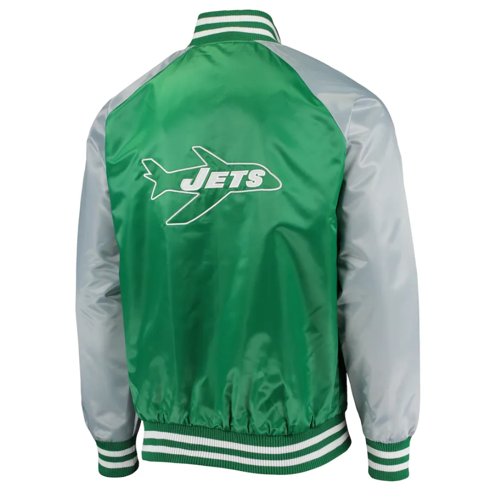 New york jets lead off full snap satin varsity jacket green grey 1