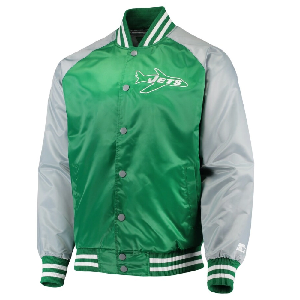 New york jets lead off full snap satin varsity jacket green grey 2
