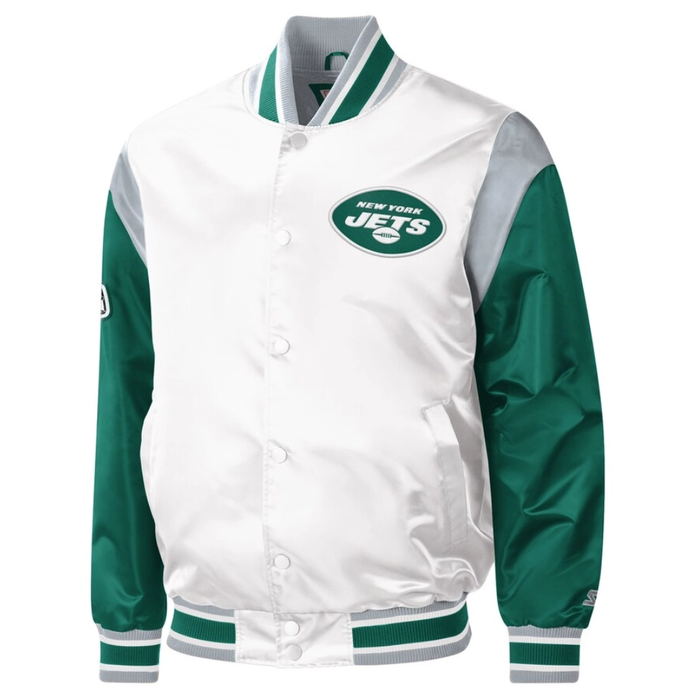 New york jets pitch full snap satin varsity jacket white green 1