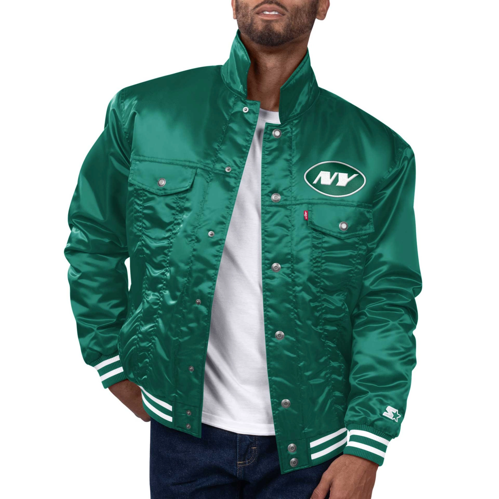New york jets silver tab satin varsity trucker jacket green 1