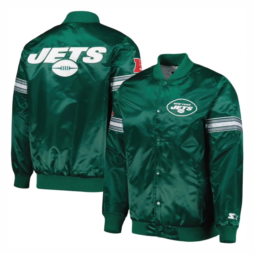 New york jets starter pick and roll full snap satin varsity jacket green 1