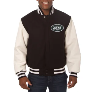 New york jets two tone wool leather varsity jacket black white 1