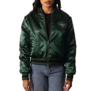 New york jets womens full zip bomber varsity green jacket 1