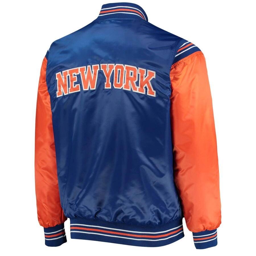 New york knicks enforcer full snap satin varsity jacket blueorange 1