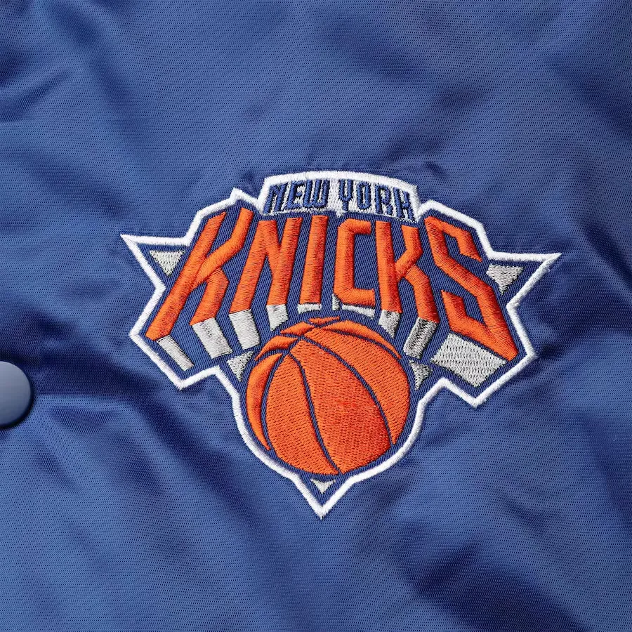 New york knicks enforcer full snap satin varsity jacket blueorange 2
