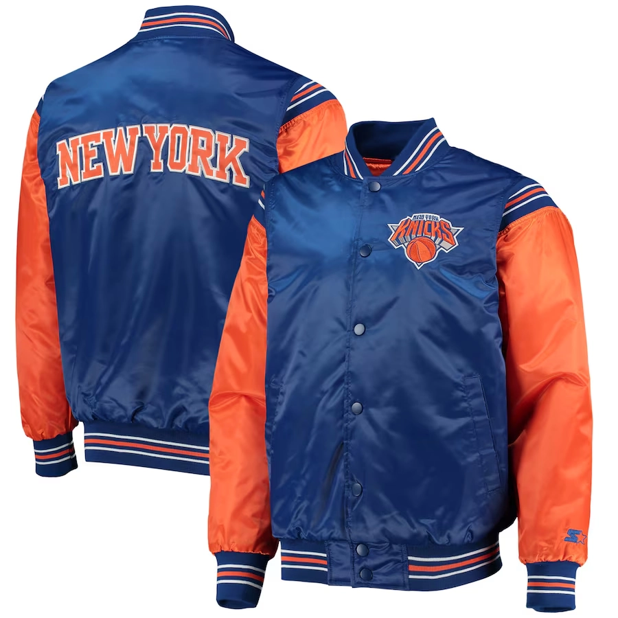 New york knicks enforcer full snap satin varsity jacket blueorange 3