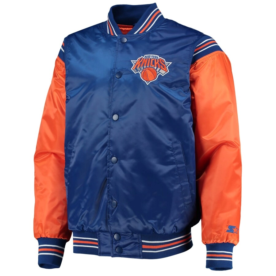New york knicks enforcer full snap satin varsity jacket blueorange 4