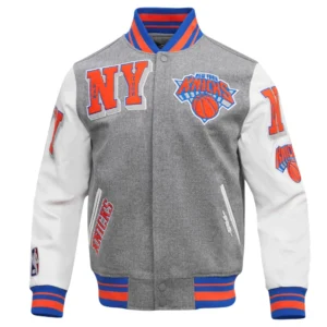 New york knicks mashup wool leather varsity jacket greywhite 1 1