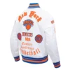 New york knicks old english white satin varsity jacket