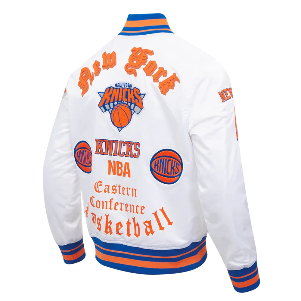 New york knicks old english white satin varsity jacket