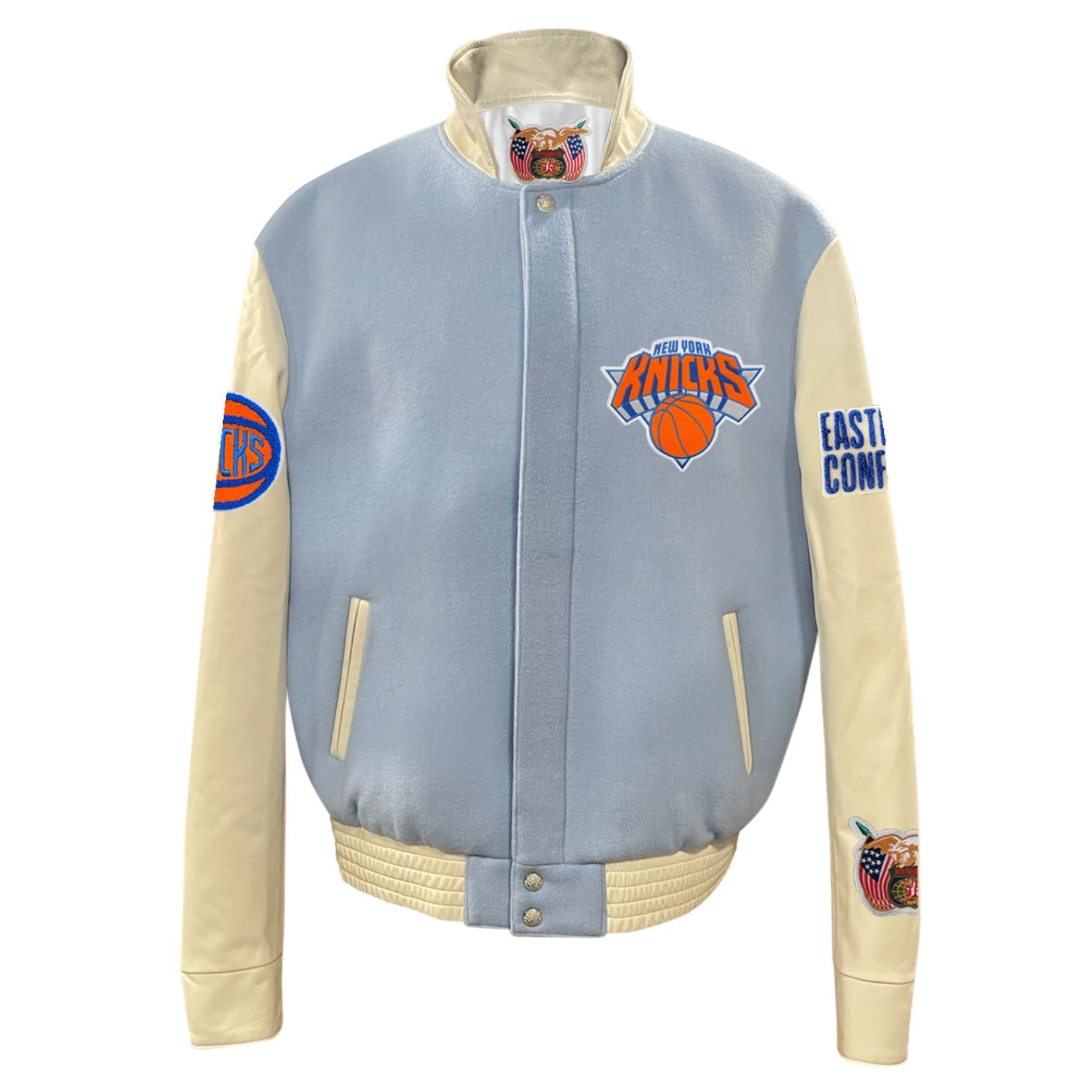 New york knicks old english wool leather varsity jacket blue cream 1 1