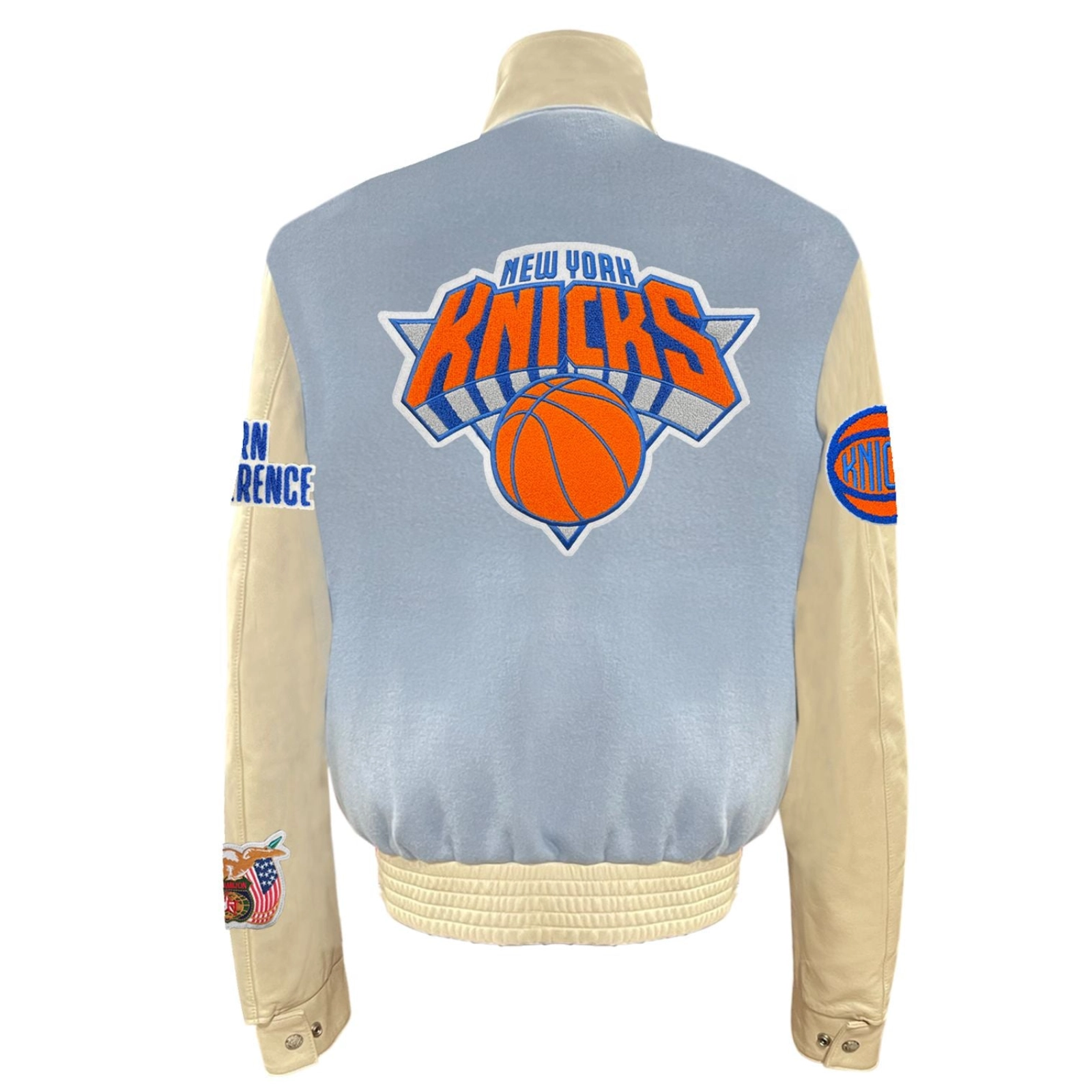 New york knicks old english wool leather varsity jacket blue cream 1