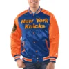 New york knicks renegade satin varsity jacket blue orange 1