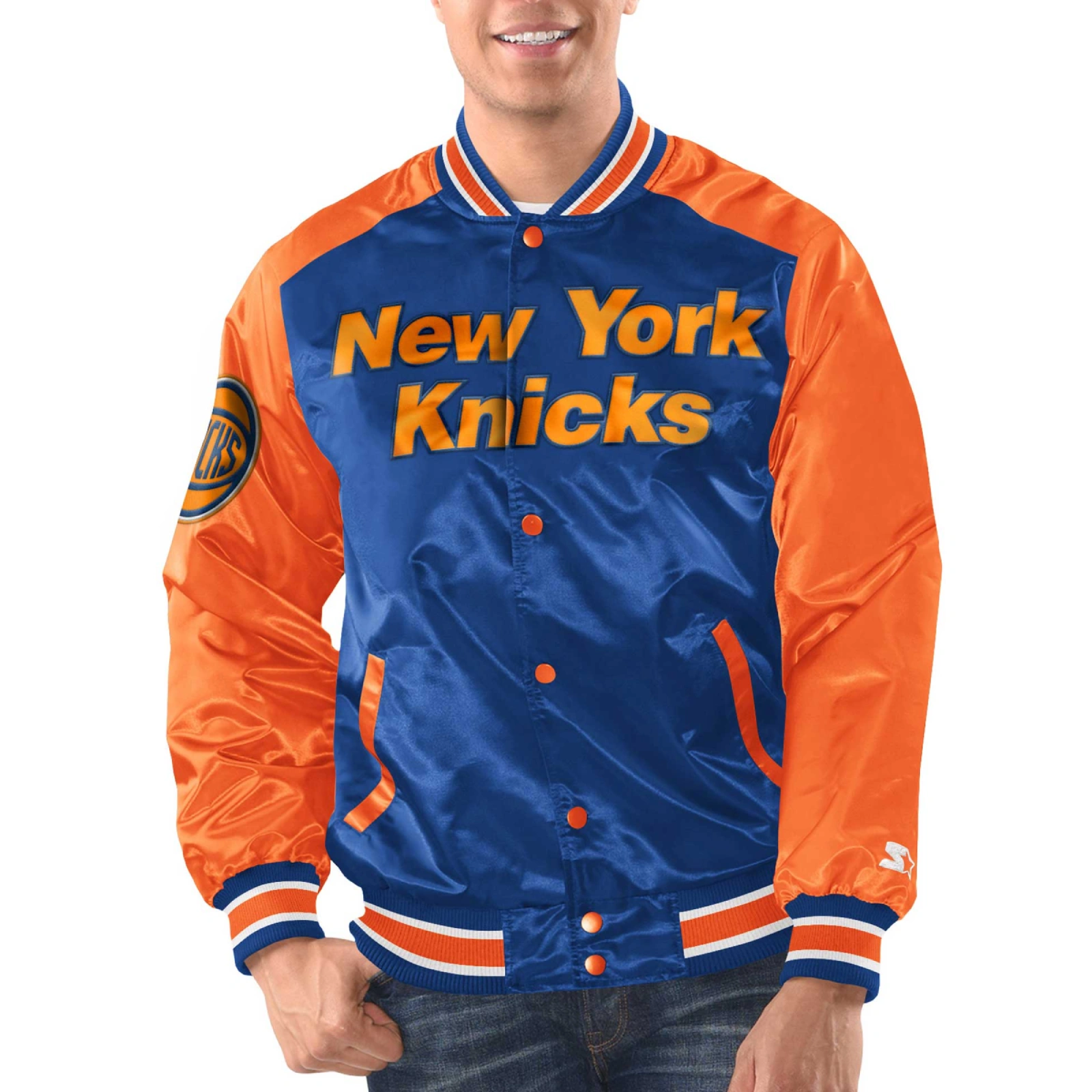 New york knicks renegade satin varsity jacket blue orange 1