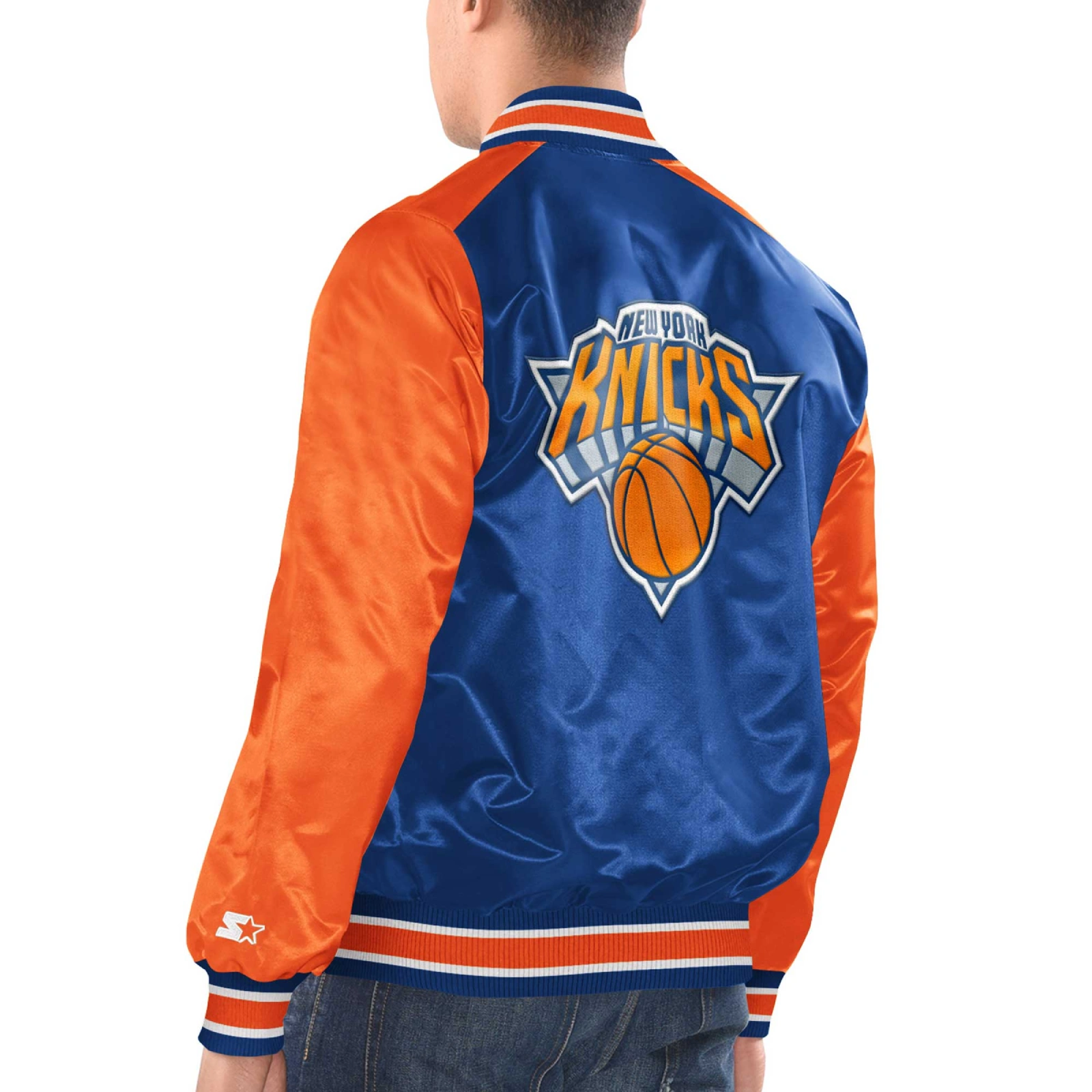 New york knicks renegade satin varsity jacket blue orange 2