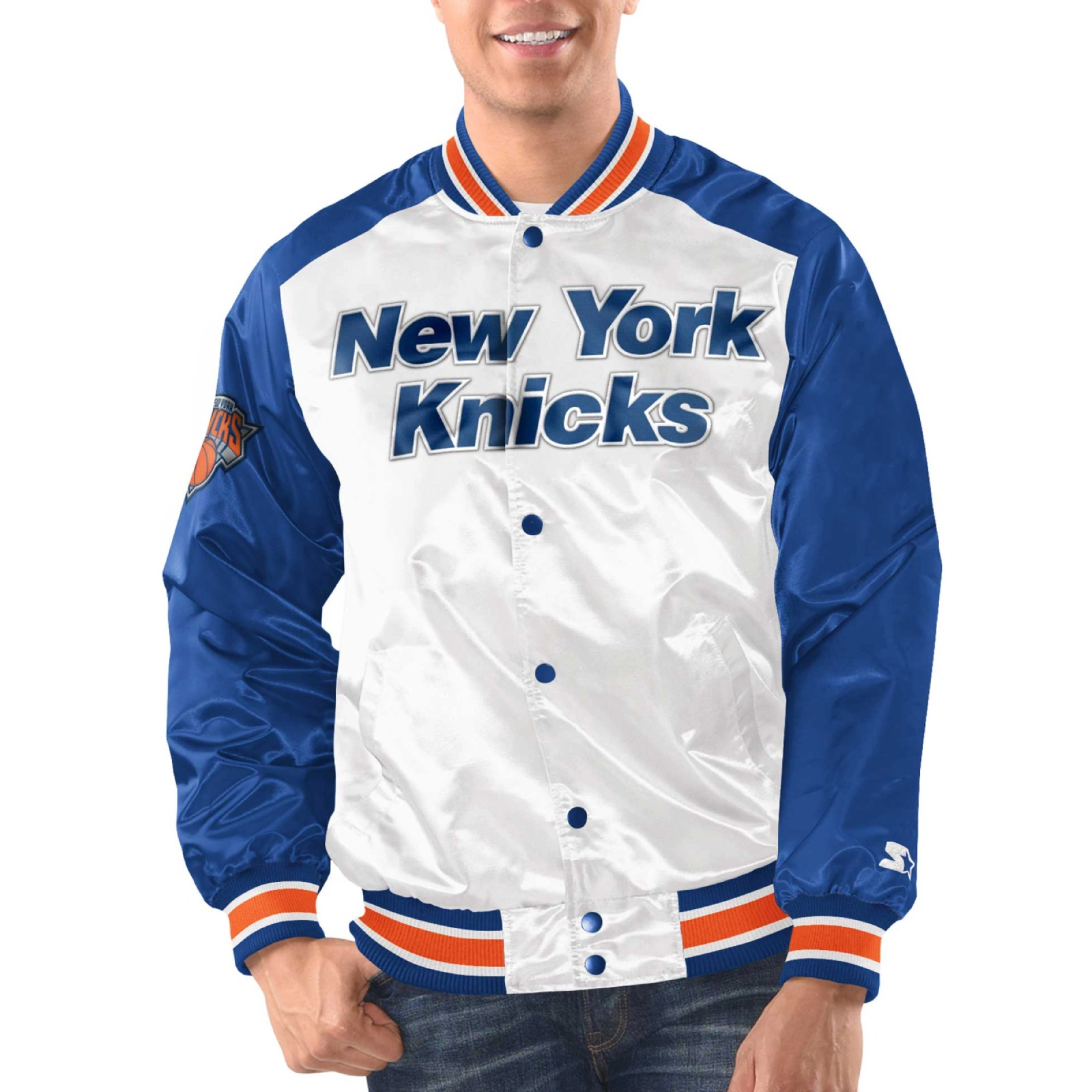 New york knicks renegade satin varsity jacket white blue 1