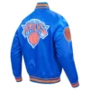 New york knicks script tail full snap satin varsity jacket blue 3