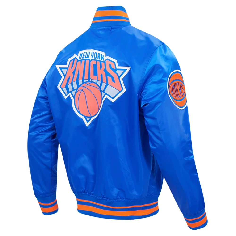 New york knicks script tail full snap satin varsity jacket blue 3