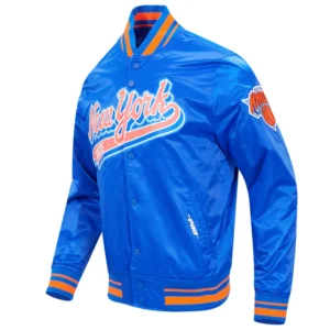 New york knicks script tail full snap satin varsity jacket blue 5