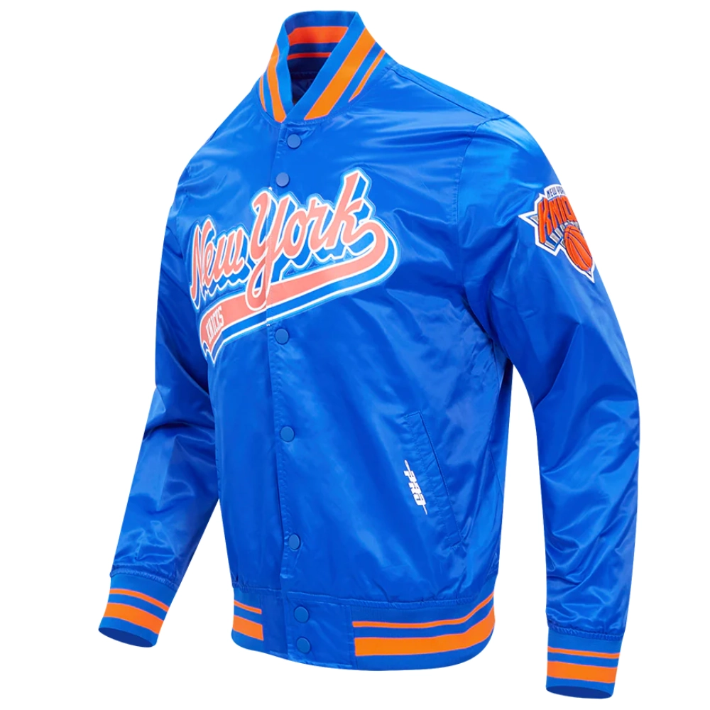 New york knicks script tail full snap satin varsity jacket blue 5