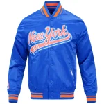 New York Knicks Script Tail Blue Satin Jacket