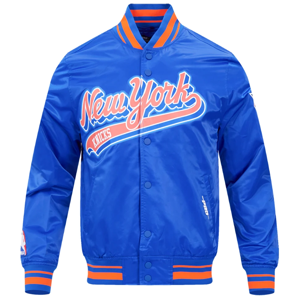 New york knicks script tail full snap satin varsity jacket blue 6