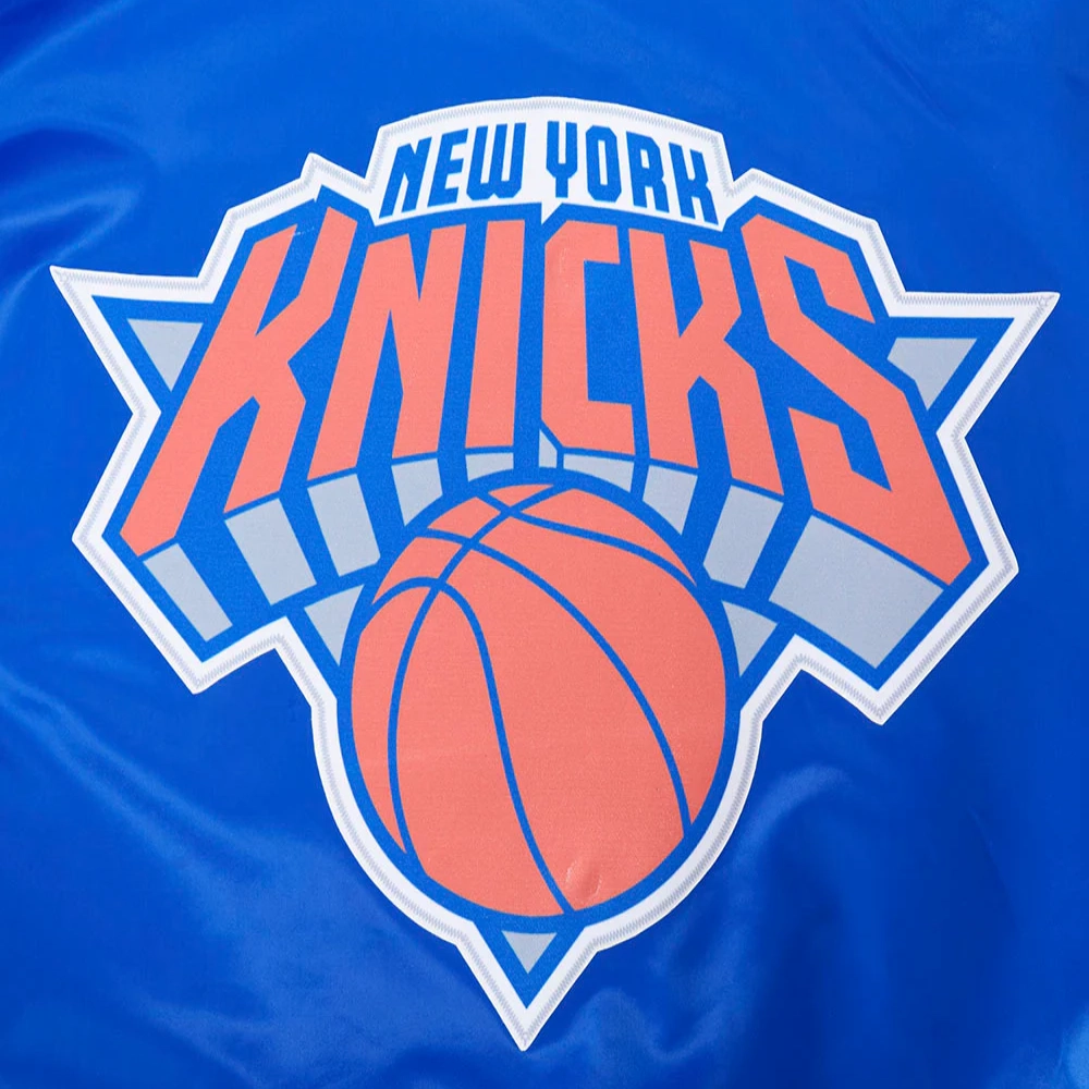 New york knicks script tail full snap satin varsity jacket blue