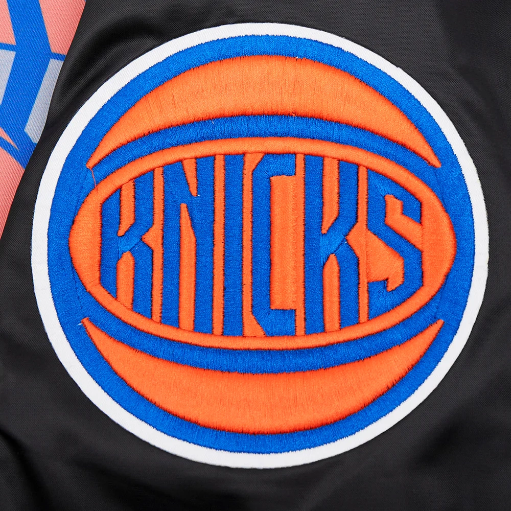 New york knicks script tail ribbed knitted satin varsity jacket black 1