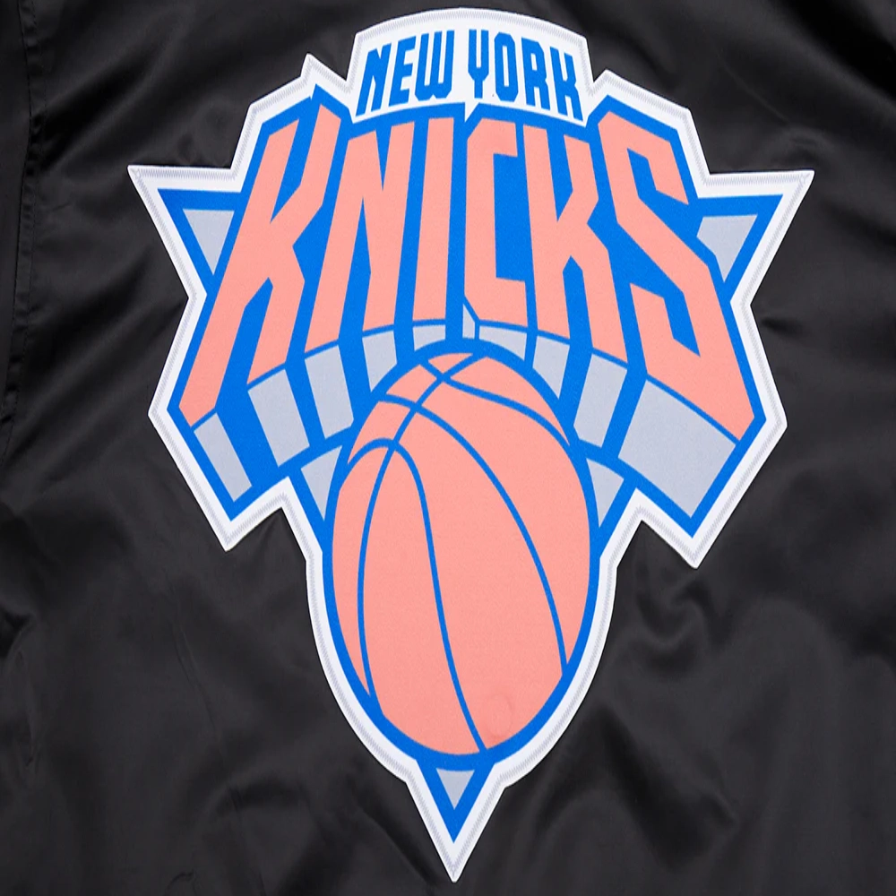 New york knicks script tail ribbed knitted satin varsity jacket black 2