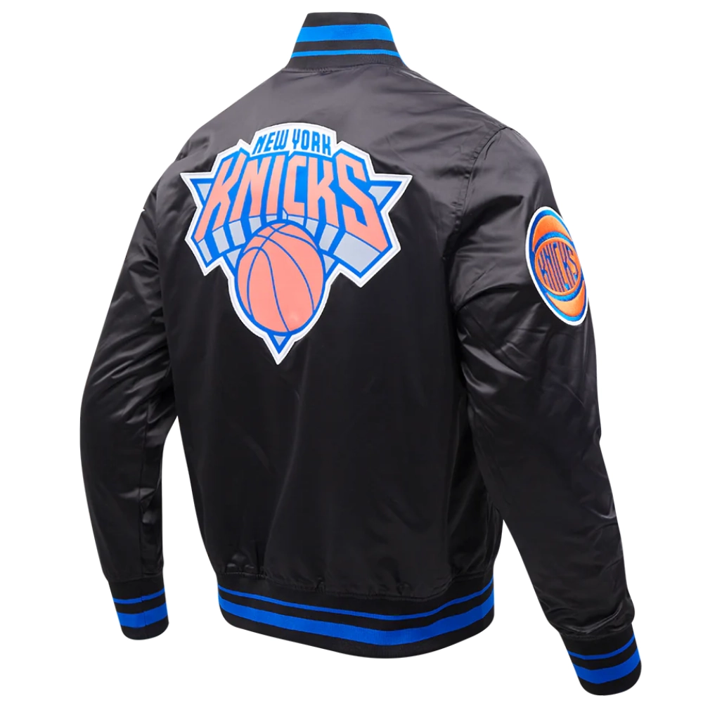 New york knicks script tail ribbed knitted satin varsity jacket black 3