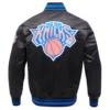 New york knicks script tail ribbed knitted satin varsity jacket black 4