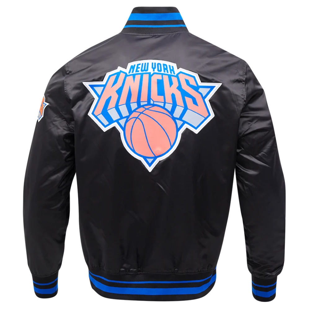 New york knicks script tail ribbed knitted satin varsity jacket black 4