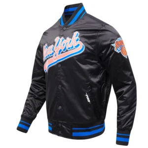 New york knicks script tail ribbed knitted satin varsity jacket black 5