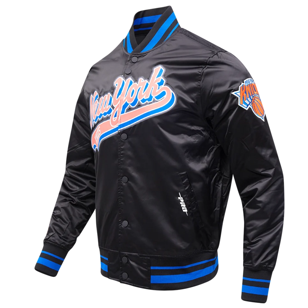 New york knicks script tail ribbed knitted satin varsity jacket black 5