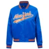 New york knicks script tail womens full snap satin varsity jacket blue 6