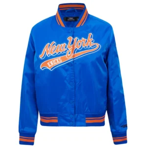 New york knicks script tail womens full snap satin varsity jacket blue 6