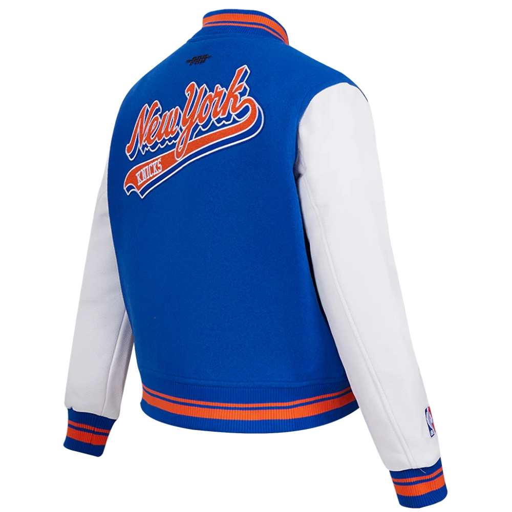 New york knicks script tail womens wool leather varsity jacket blue white 3